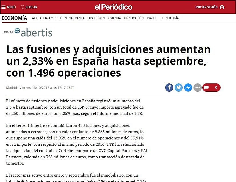 Las fusiones y adquisiciones aumentan un 2,33% en Espaa hasta septiembre, con 1.496 operaciones